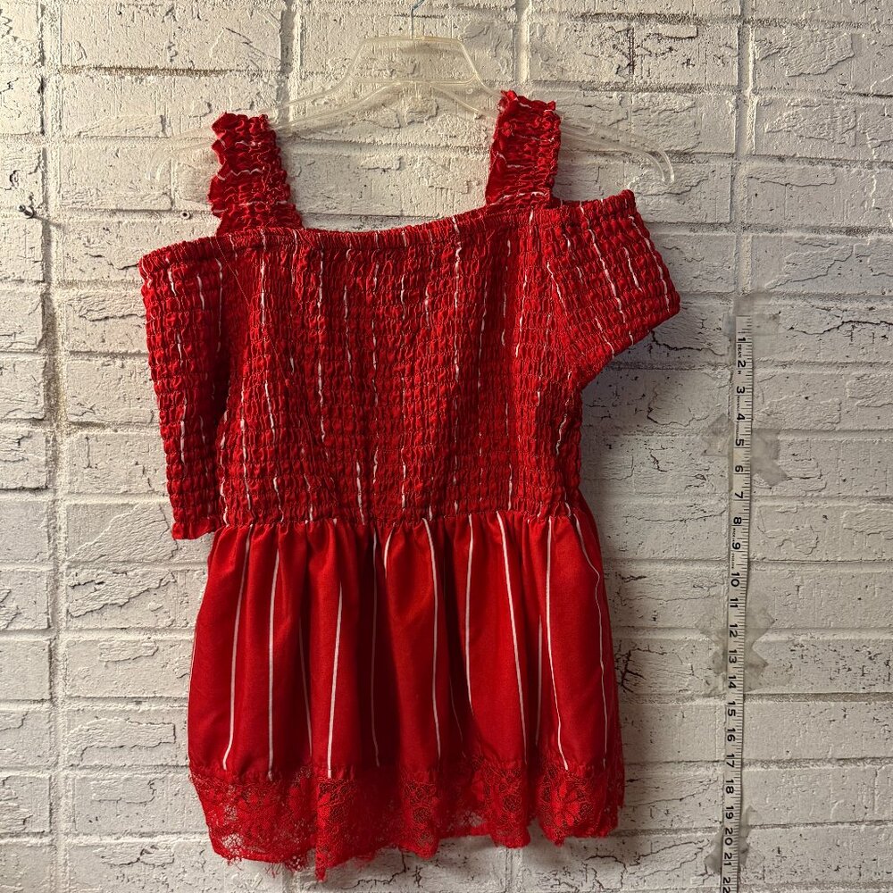 Rouge Collection Red Smocked Off-Shoulder Top | Ruffle Straps & Lace Hem | Y2K